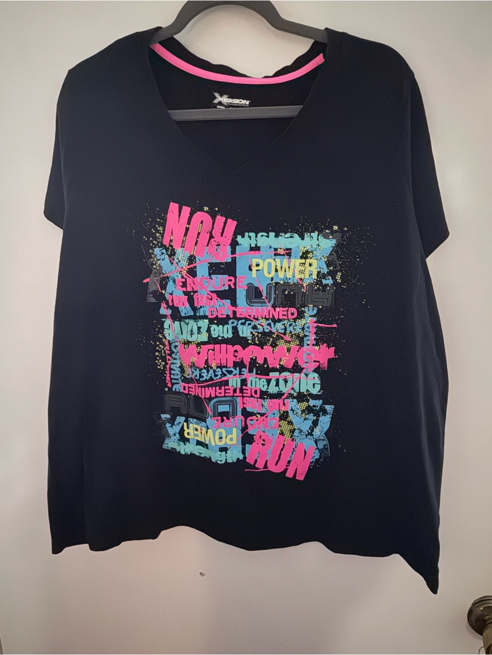 Xersion Black Short-Sleeve Graphic Run Tee with Pink & Blue Accents